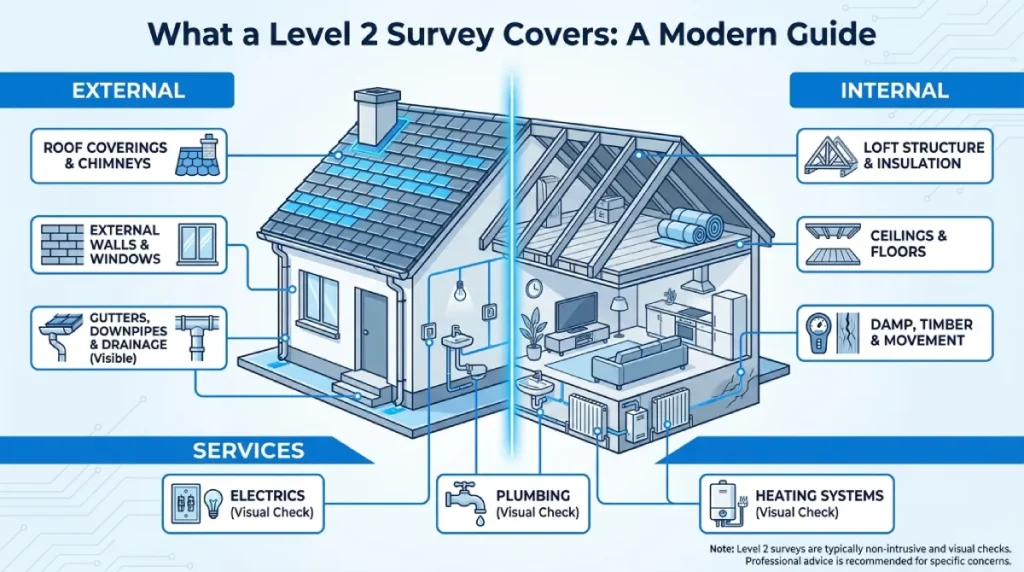 Level 2 House Survey Checklist: Complete Guide 1 Infographic showing what a level 2 survey covers for a house
