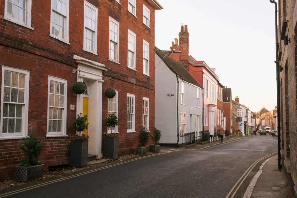 A row of historic red-brick georgian residential buildings along a quiet street in south east london, ideal for a building survey