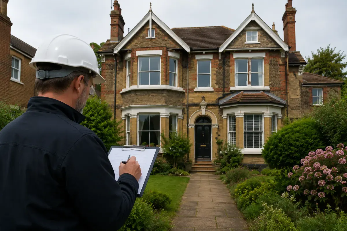 Building surveyor holding a clipboard inspecting a property offering condition survey homebuyer survey and full building survey services