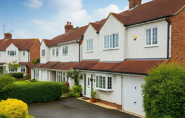 Suburban residential property undergoing evaluation for a condition survey, homebuyer survey, or building survey
