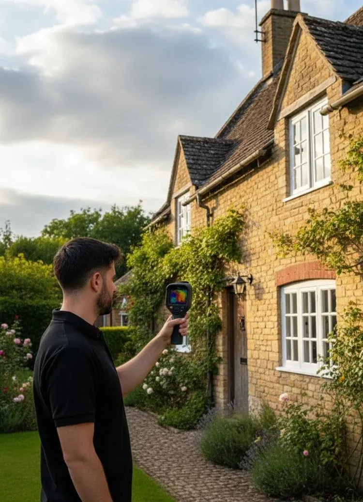Surveyor using a thermal imaging camera outside a stone period home for a condition survey, homebuyer survey, or building survey