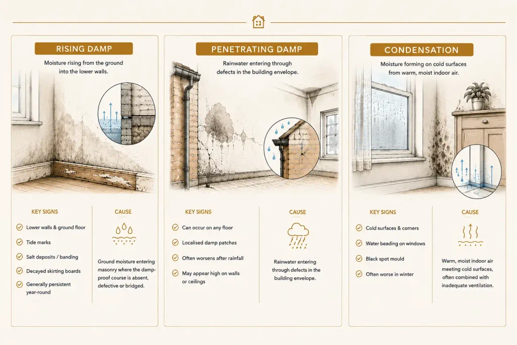 Rising damp vs penetrating vs damp vs condensation