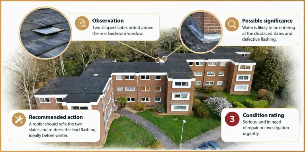 Building survey report example showing roof inspection findings and rics condition rating 3.