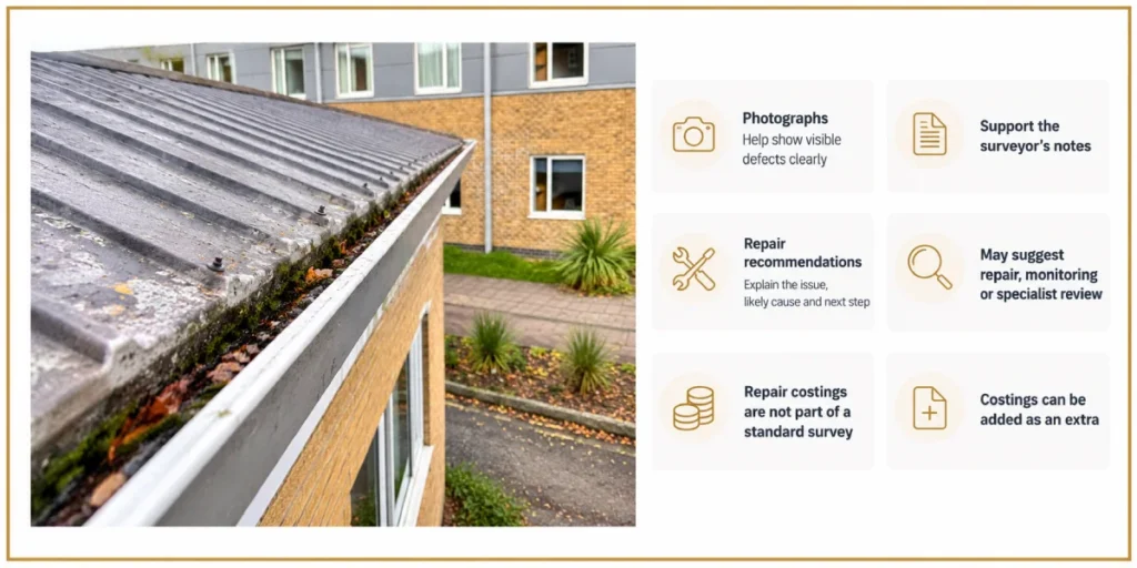 Building survey report showing roof gutter photographs, defect findings and repair recommendations.