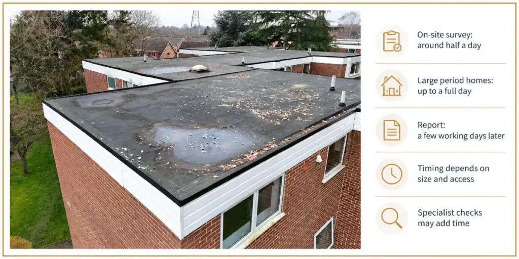 Flat roof building survey showing on-site inspection time, report delivery timeline, and factors affecting survey duration.
