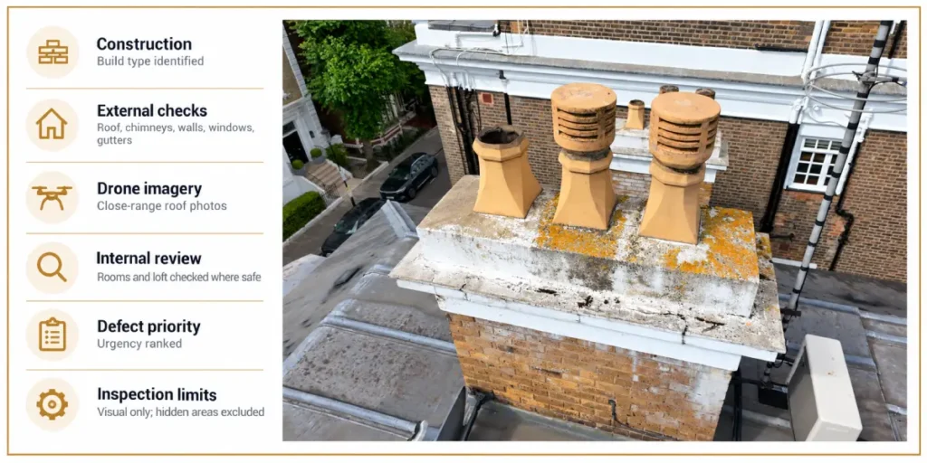 Historic building survey showing drone inspection of roof chimneys to assess property condition and defects.