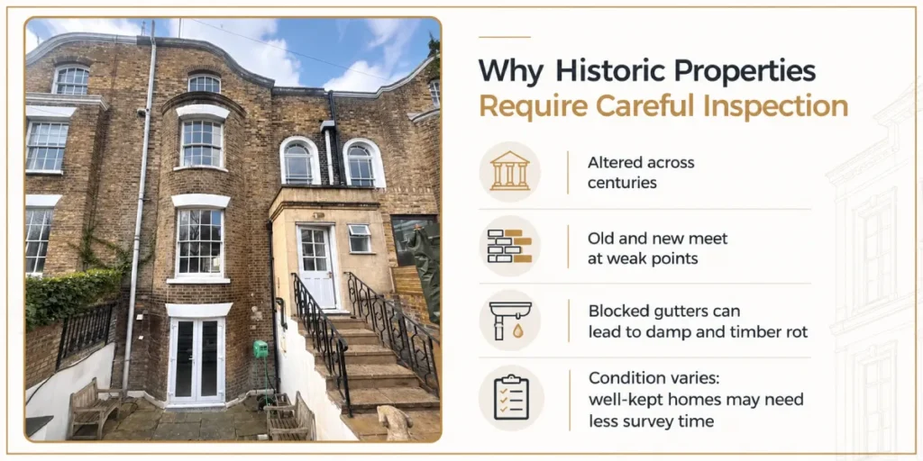 Historic property inspection of a georgian brick building highlighting key structural concerns.