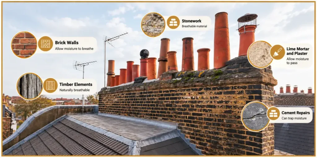 Traditional building materials and conservation considerations for brick, stone and lime mortar.